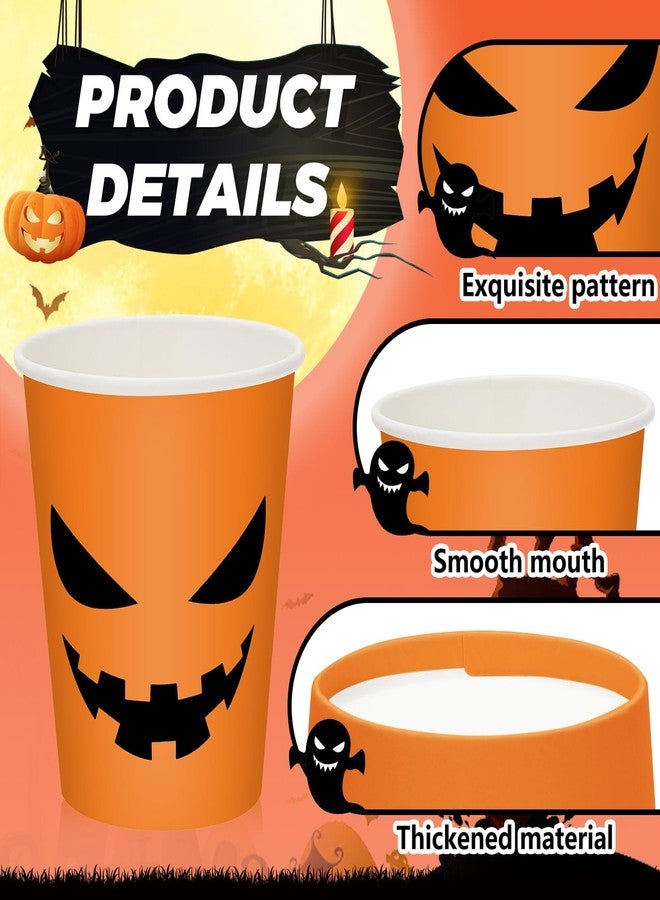 JarThenaAMCS 100Pcs Halloween Paper Cups 9oz Pumpkin Ghost Disposable Drinking Cups White Orange Spooky Party Cups for Hot Cold Drink Halloween Party Supplies - Image 3